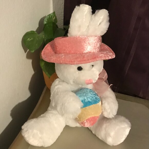 Soft Classics white stuffed bunny with colorful easter egg, hat and ribbon scarf - Picture 10 of 11